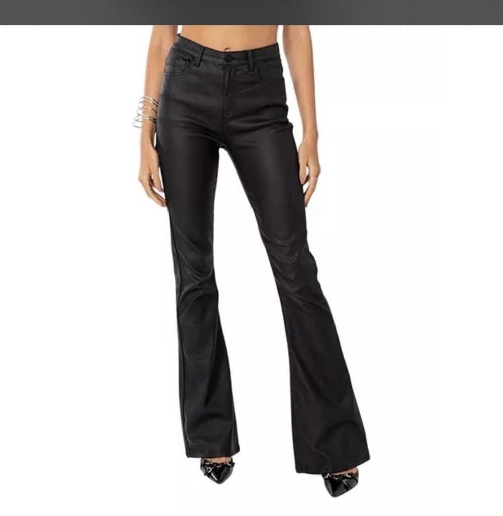 Edikted Pants High Rise Black Skinny Flare Rocker Stretch Coated Jeans Med Long